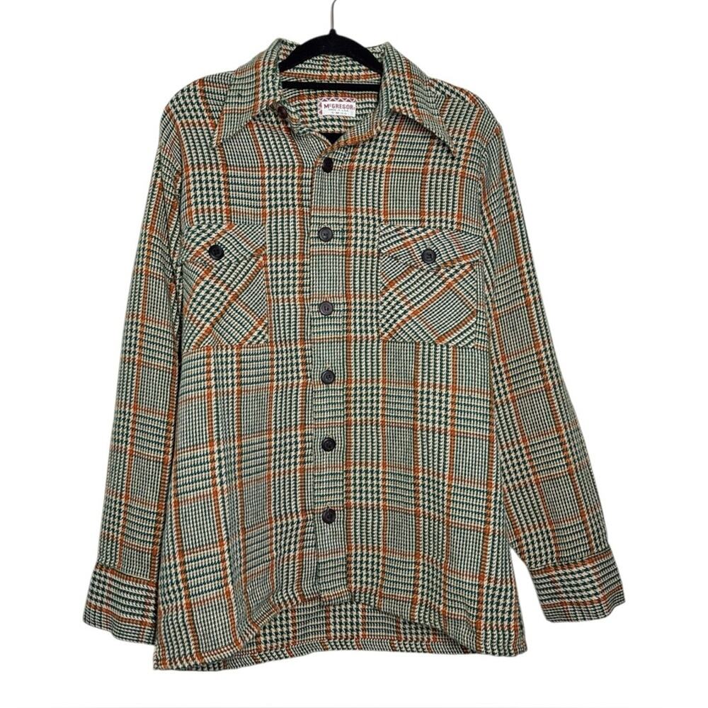 Vintage 50s 60s McGregor Green Orange Plaid Wool Button Up Shirt Medium